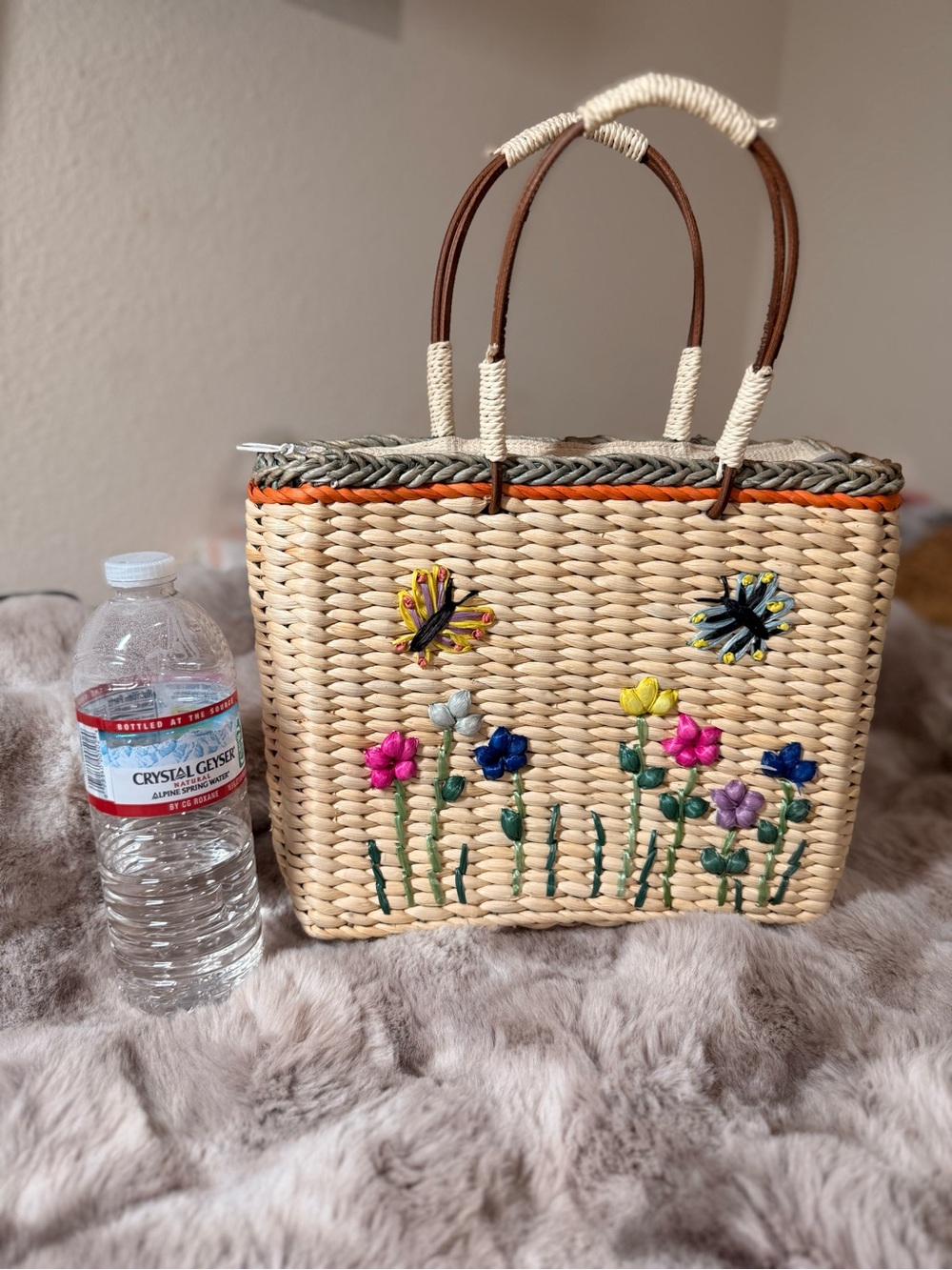 Embroidered Floral Straw Tote Bag in Natural with Multicolor Accents